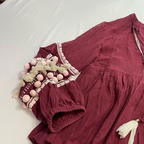 Anthropologie Vineet Bahl Pom Pom Burgundy Tunic Top Size Medium - Picture 3 of 11
